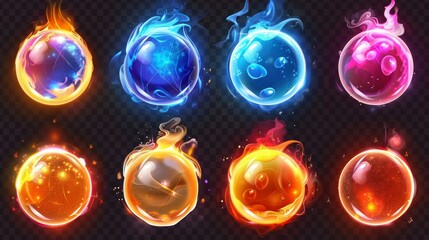 Magic game orbs isolated on transparent background. Modern realistic illustration of neon blue, orange, red energy balls with liquid texture, fire sparkles, smoke clouds, round space objects.