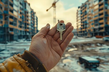 A person's hand holding a key with a blurred background of a construction site, symbolizing new ownership