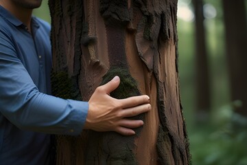 Love for nature concept with man hands hugging bonding green musk trunk tree in the forest woods. Environment and protection. Lover planet. People in outdoor leisure activity alone. Embracing  Generat - obrazy, fototapety, plakaty