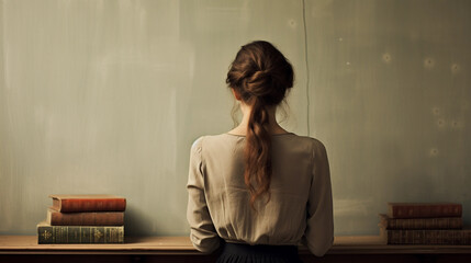 A woman from the back sits at a wooden desk facing a blackboard. Retro photography of teacher's workplace with stacks of books