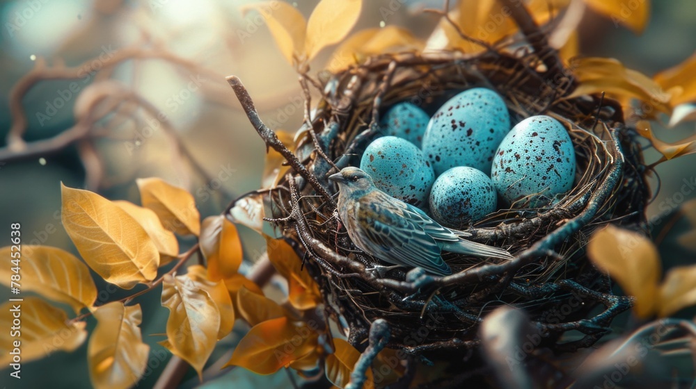 Poster a close up of a bird's nest with four eggs. perfect for nature and wildlife themes
