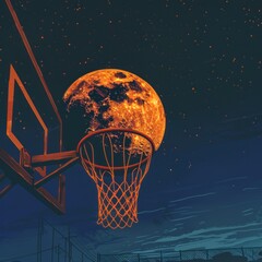 A view of basketball hoop with the moon