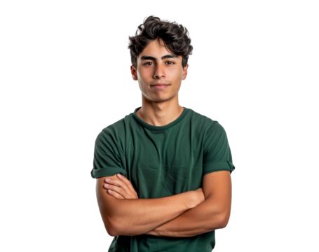 Portrait of young confident handsome man isolated on transparent background. Arms crossed.