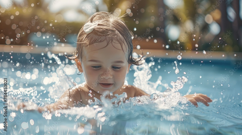 Poster a small child enjoying a swim in a pool. perfect for summer recreation promotions