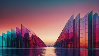 An image of abstract architectural structures characterized by vibrant color gradients, creating a visually striking and dynamic composition.