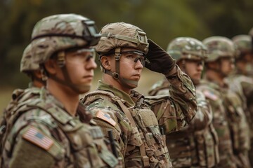 A focused group of soldiers in uniform performing a salute with one prominently featured in sharp focus against a blurred background - obrazy, fototapety, plakaty