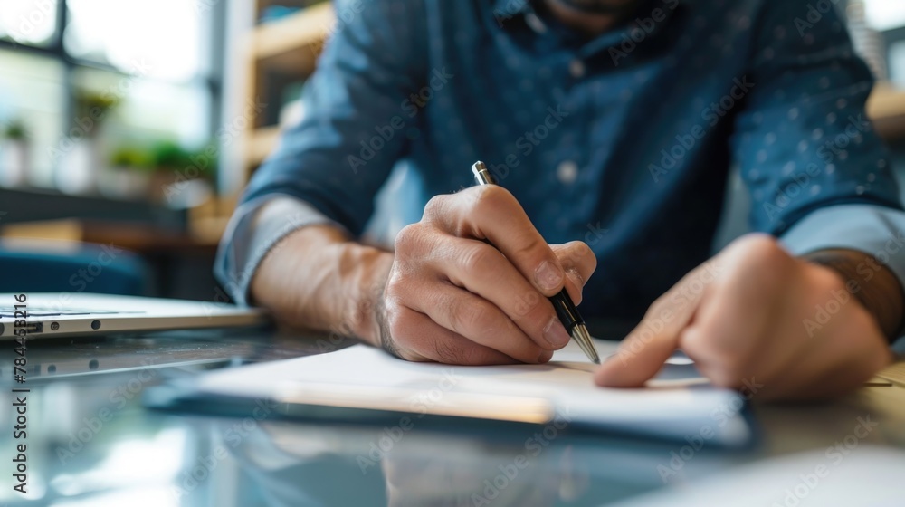 Poster a man sitting at a table writing on a piece of paper. suitable for business or education concepts