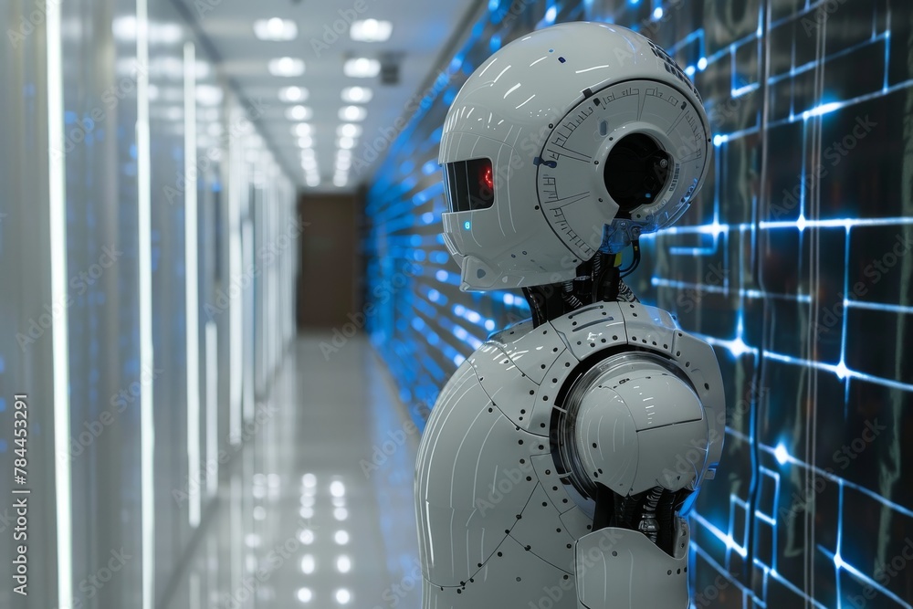 Poster a futuristic robot head profile with a complex design against a background with glowing blue light p