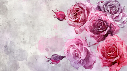 Monochromatic watercolor roses, pink spectrum on grey for sophisticated designs.