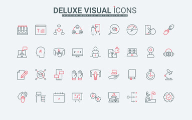 Training, learning process of student and expert skills growth line icons set. Online webinar or lecture of teacher, book , help of book thin black and red outline symbols, vector illustration