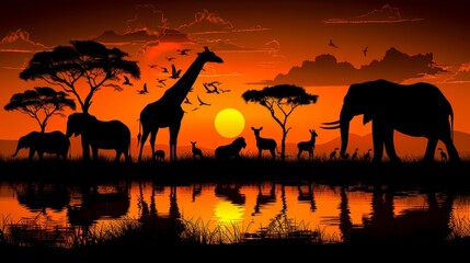 Fototapeta na wymiar A group of giraffes and zebras are silhouetted against an orange sunset at the water's edge