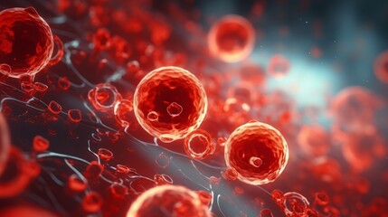 Hemoglobin under a microscope. Abstract microbiology background on health theme. - obrazy, fototapety, plakaty