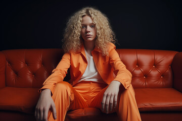 Obraz premium Fashionable woman with curly blonde hair seated on orange sofa, stylish contrast portrait.