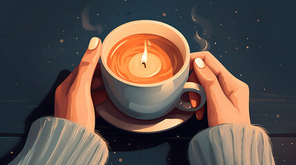 Hands holding a coffee cup, ready for a cozy journey. In the style of hygge