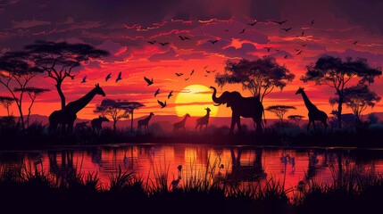  Giraffes silhouetted against a setting sun, one grazing near the shore