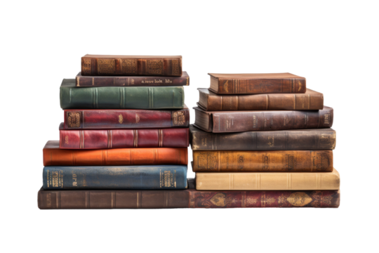 Towering Tales: A Stack of Books Reaches for the Sky. On White or PNG Transparent Background.