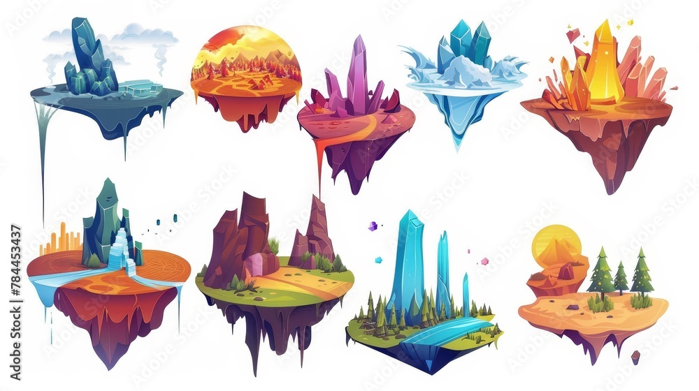 Poster modern set of floating land islands for game level map ui design. floating land islands with rock an