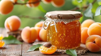 Close shot of a jar of apricot jam kept on a clean surface with apricots surrounding of it with a big space for text or product, Generative AI.