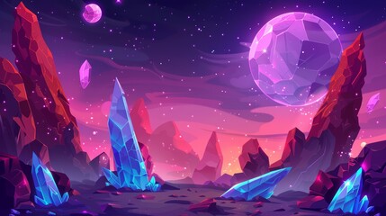 Cartoon game fantasy cliff mountain landscape with cliffs, crystals and gems on purple sky, looking like an alien world. There is a rocky surface with a blue glowing crystal embedded in the rocks