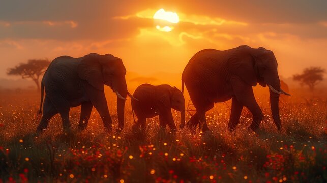   Two adults and a baby elephant traverse a field filled with wildflowers against a sunlit backdrop