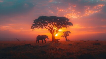   A herd of elephants atop a verdant field, beneath a radiant red-yellow sky, as the sun sets