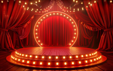 Circus stage podium background with carnival light and red show curtain.