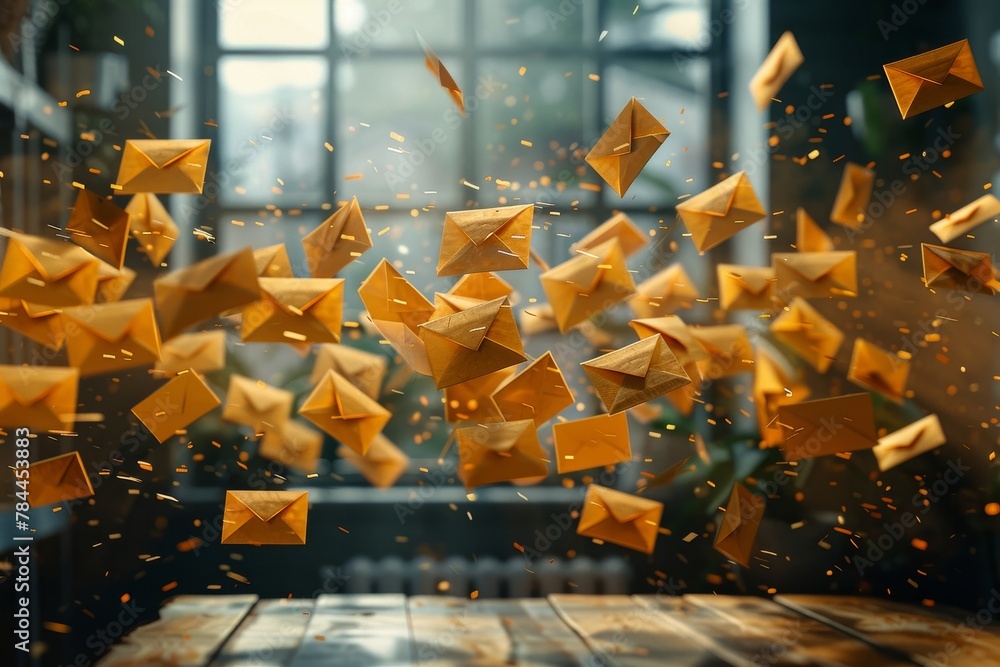 Aufkleber Magical image showcasing numerous golden paper envelopes floating in a room with sparkling lights around