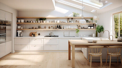 Fototapeta na wymiar Harmony of white and wood in Scandinavian kitchen interior