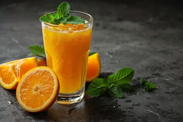 A vivid close-up shot of a glass filled with freshly squeezed orange juice adorned with mint leaves