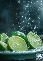 Water splashed delicious lime slices, isolated dark background.