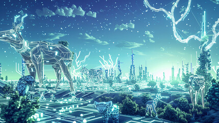 Neon vines over futuristic cityscape, with circuit animals, for a digital nature exhibition.