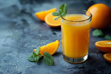 Refreshing display of chilled orange juice with slice and whole oranges on a wet, textured backdrop