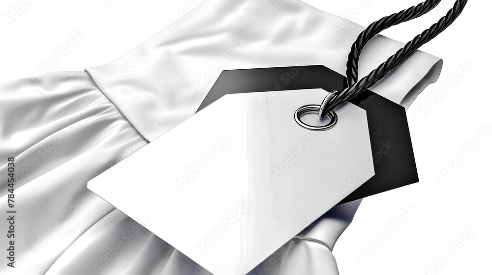 Poster elegant white fabric texture with attached blank tag, perfect for branding presentation and design c