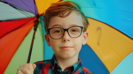 A young boy with glasses holding an umbrella, perfect for weather-related designs