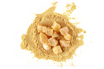 Dry ginger cubes and ground isolated on white, top view