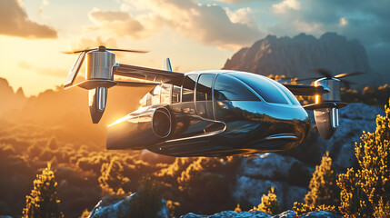 Flying car charging up in-flight. Copy Space. - obrazy, fototapety, plakaty