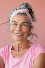 A senior woman's beaming face, framed by a soft pink headband, echoes the rosy hue of her top and the backdrop, highlighting a serene and joyful aura.