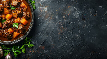 Hearty beef stew with vegetables on a dark stone background.