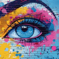 A colorful eye is painted on a brick wall