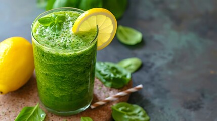 Healthy green smoothie made out of fresh lemon on countertop