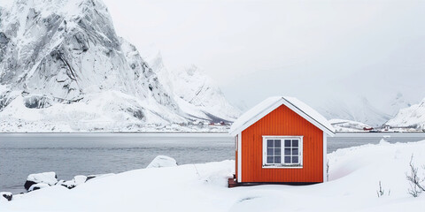 Fototapeta premium A small orange house stands on the shore of a lake in the mountains 