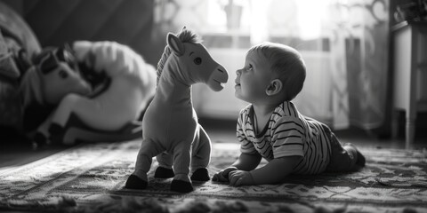 Young boy having fun with toy horse, suitable for children's activities concept