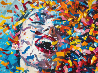 Craft an oil painting of a close-up view of confetti falling around joyful faces in a festive gathering Express the dynamic motion and colorful energy of the celebration