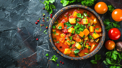 Bowl of hot vegetable stew garnished with parsley on a rustic surface.