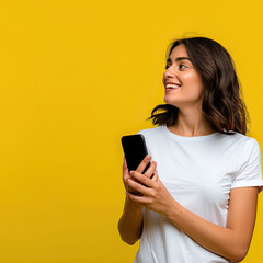Naklejka premium Beautiful woman with a smartphone in her hands on a yellow background 