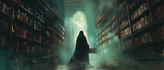 Mysterious figure, cloak, lurking in an abandoned library filled with whispering books, foggy evening, digital painting, silhouette lighting, Chromatic Aberration effect - obrazy, fototapety, plakaty