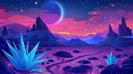 A western desert landscape at night illustrated in modern form. Drought-prone sandlands with aloe plants and dark arc mountains in Africa, Arizona or Mexico.