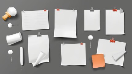 Office stationery isolated on white background with pins, white stickers, or notepads with curled corners and pushpins. Empty notes for memos, modern illustration of 3D office stationery for memo