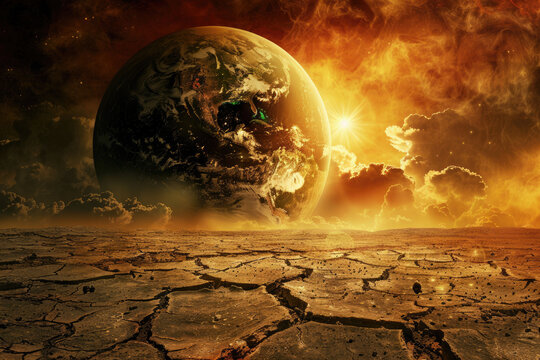 Earth with its surface turning into a barren desert from the heat