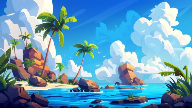 Island in the ocean with calm sea and palm trees, under a cloudy sky, with calm water surface and rock formations, Cartoon modern illustration.